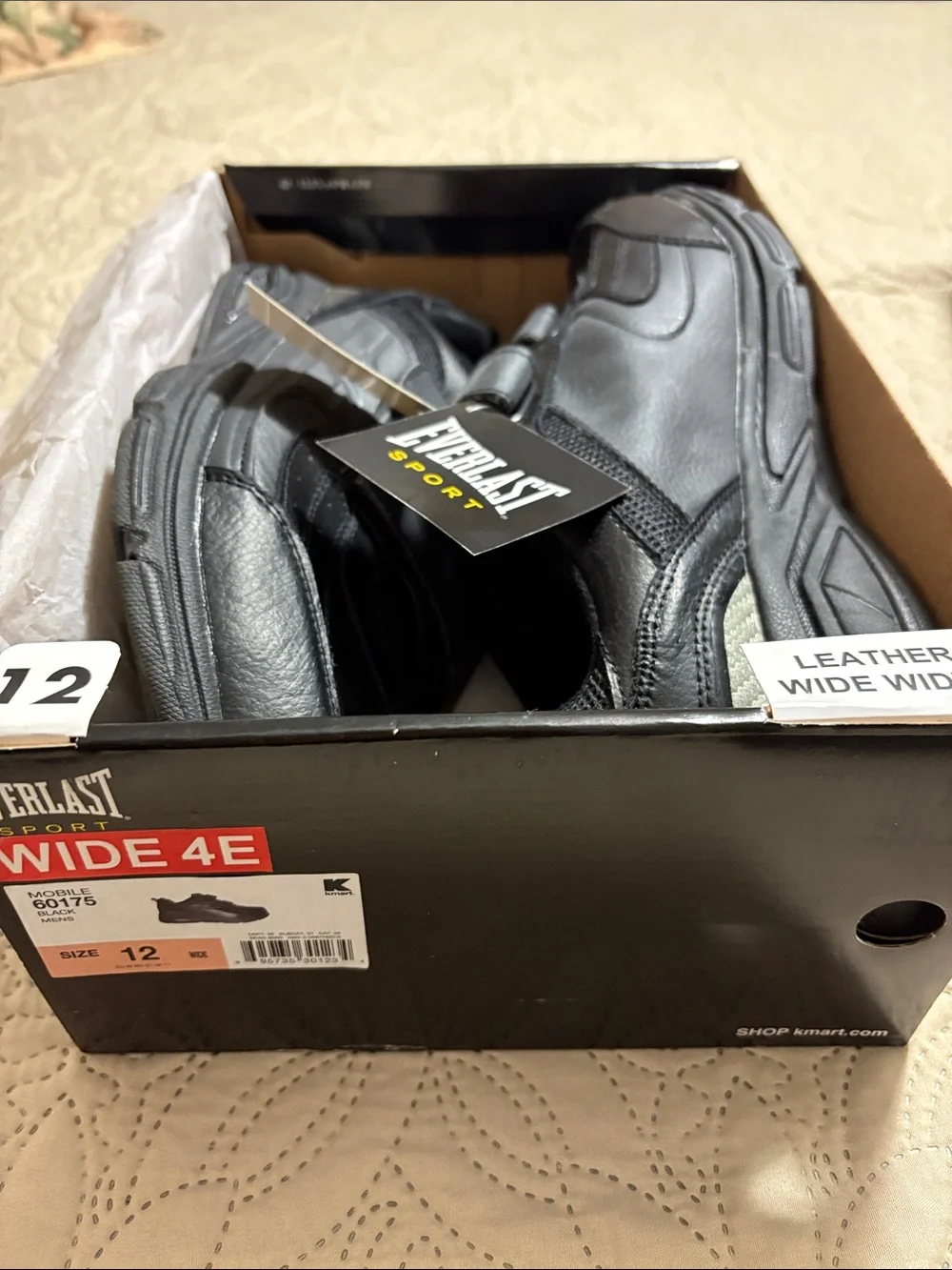 NWT leather wide Sz 12EEEE Everlast men’s black velcro-closure sport shoes. Box.